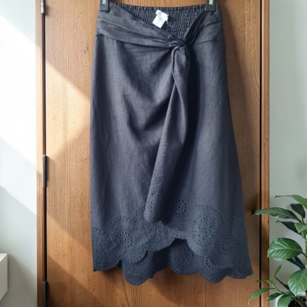 Sigrid Olsen Elegant Scalloped Hem Linen Blend Eyelet Skirt Twist Waist Size S